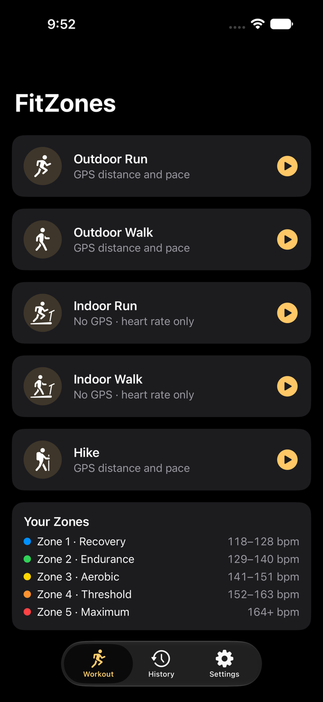 FitZones home screen: outdoor run, outdoor walk, indoor run, indoor walk, and hike, with your zones listed below