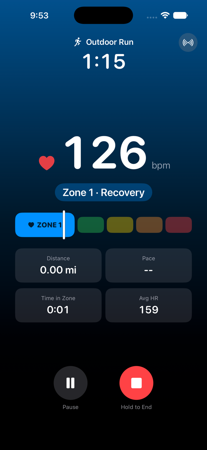 FitZones live workout screen in zone 1: blue background, 126 bpm
