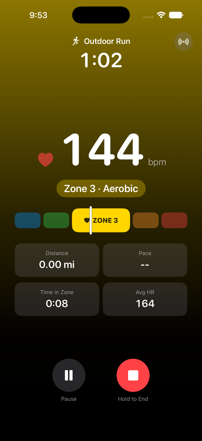 FitZones live workout screen in zone 3: yellow background, 144 bpm