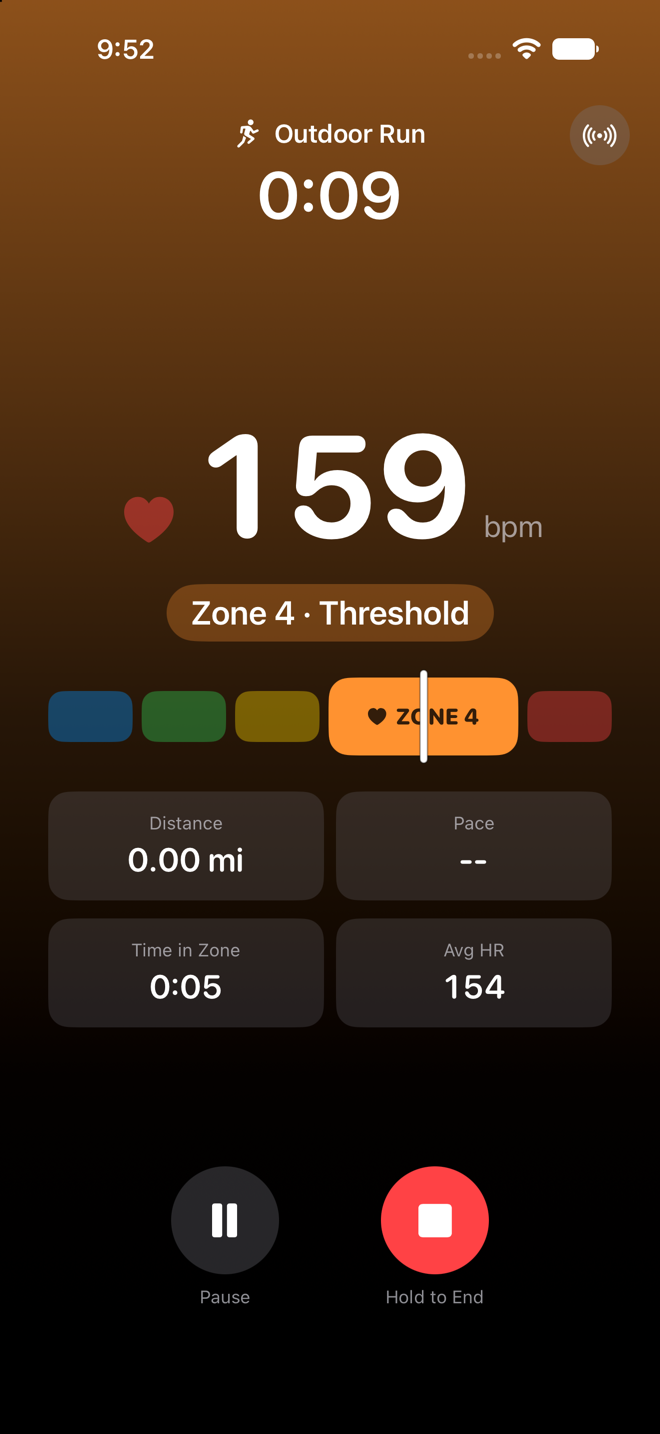 FitZones live workout screen in zone 4: orange background, 159 bpm