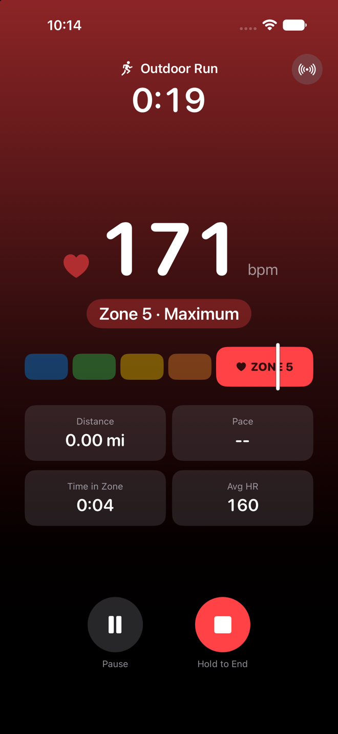 FitZones live workout screen in zone 5: red background, 171 bpm