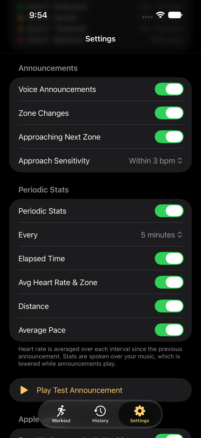 FitZones announcement settings: toggles for zone changes, approaching next zone, approach sensitivity, and periodic stats parts