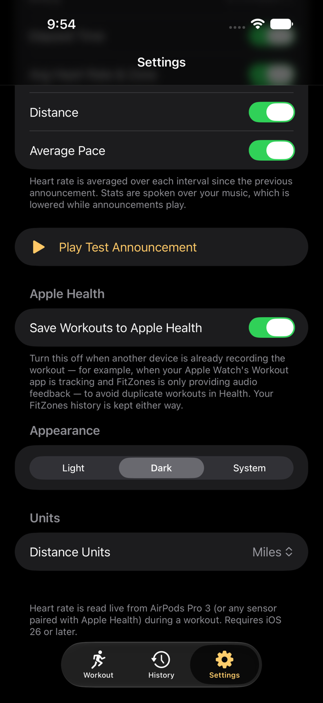 FitZones settings: save workouts to Apple Health toggle, appearance, and distance units