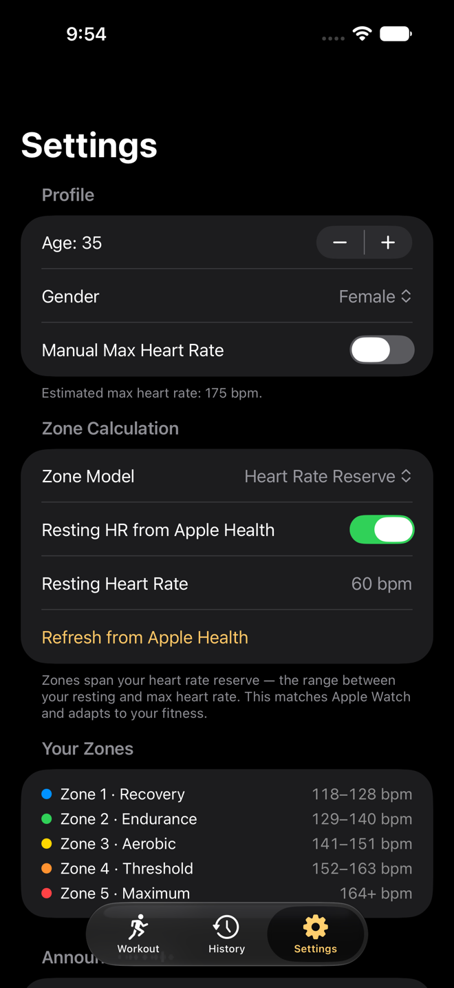 FitZones zone settings: age, gender, zone model, resting heart rate from Apple Health, and the resulting five zone ranges